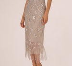 Flutter Sleeve Floral Beaded Fringe Midi Dress In Marble 5