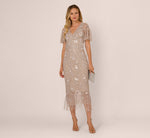Flutter Sleeve Floral Beaded Fringe Midi Dress In Marble 2