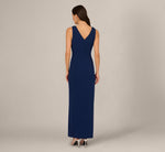 V Neck Beaded Ruffle Column Gown In Navy Sateen 5