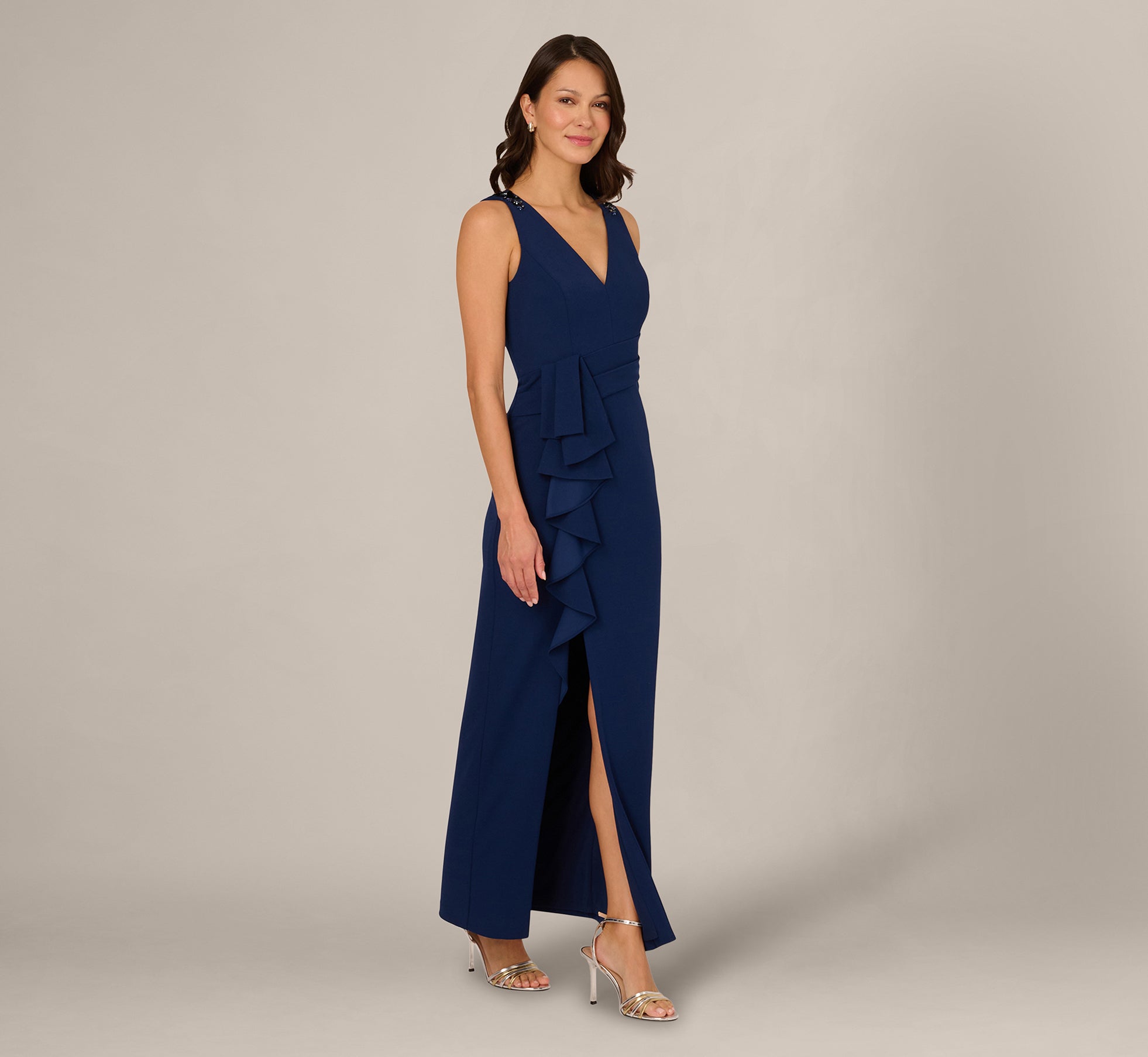 Adrianna Papell Women's Side Ruffle Column Gown - Navy Sateen