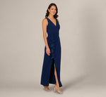 V Neck Beaded Ruffle Column Gown In Navy Sateen 2