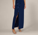 V Neck Beaded Ruffle Column Gown In Navy Sateen 3