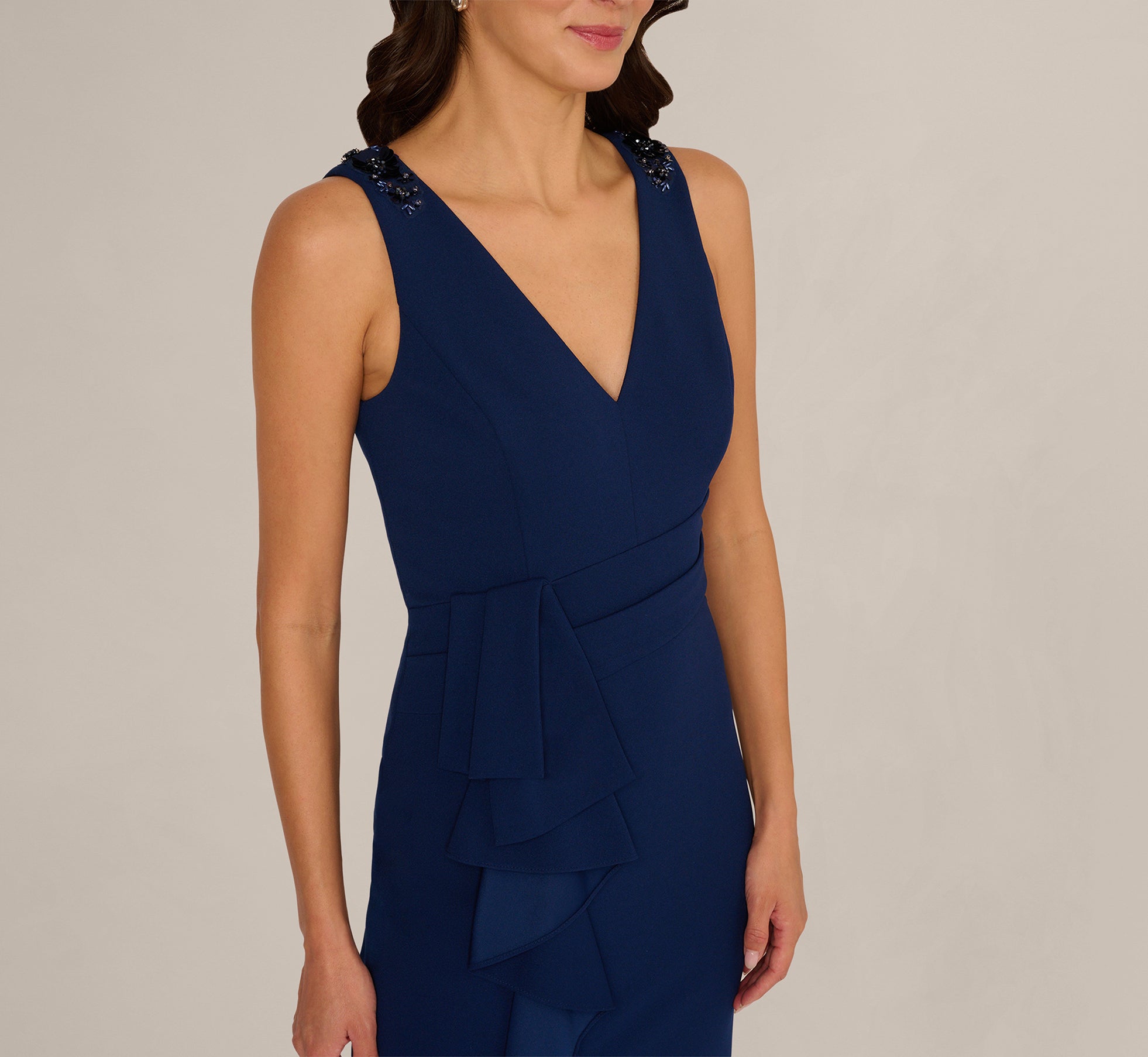 Navy V Neck Beaded Ruffle Column Gown