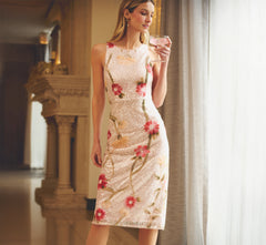 Sequin Floral Midi Sheath Dress In Silver Blush Multi