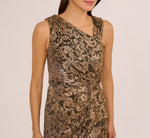 Petite Sleeveless Asymmetrical Damask Metallic Gown In Chocolate 4