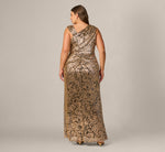 Plus Size Sleeveless Asymmetrical Damask Metallic Gown In Chocolate 5