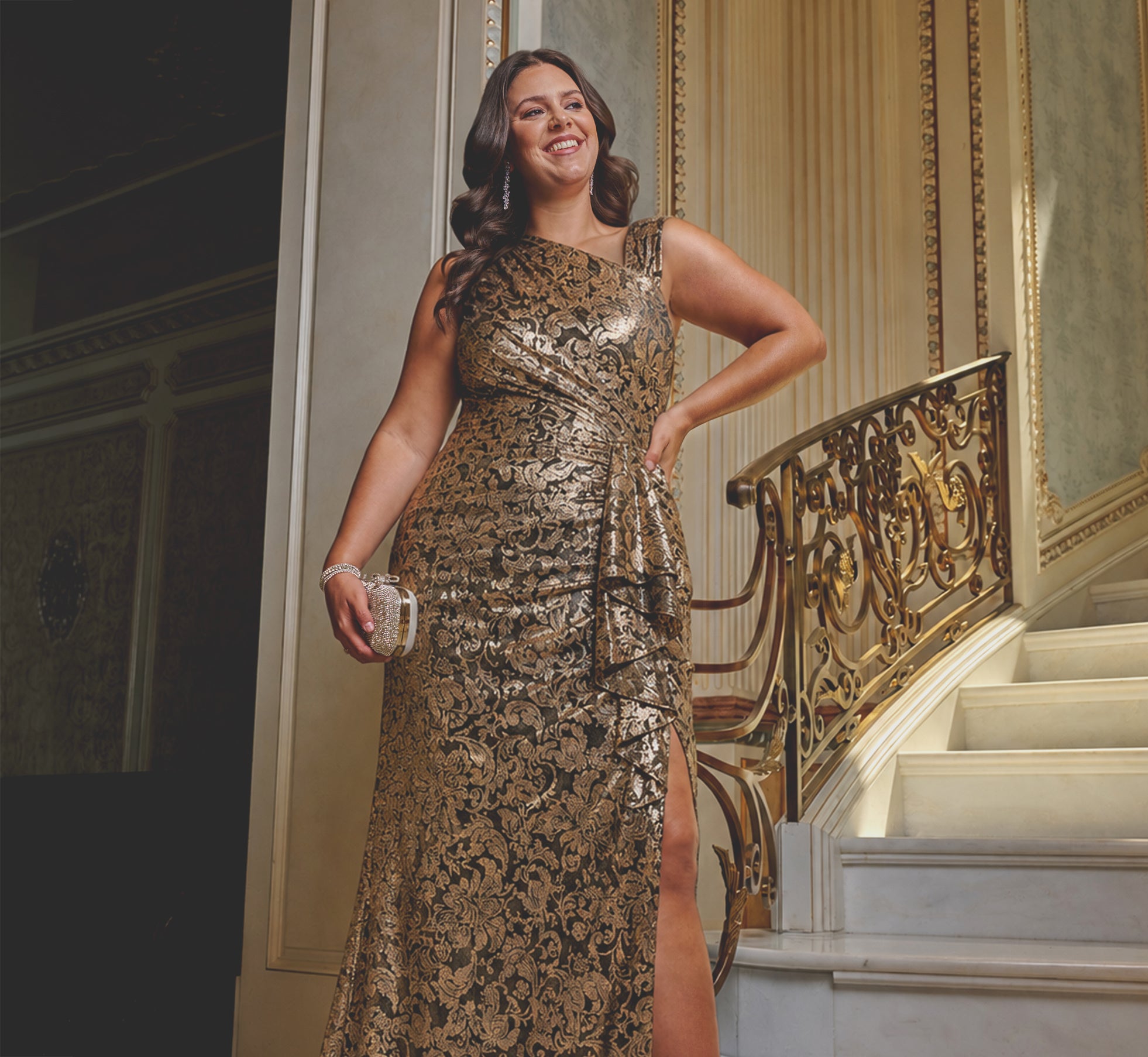 Plus Size Sleeveless Asymmetrical Damask Metallic Gown In Chocolate 1