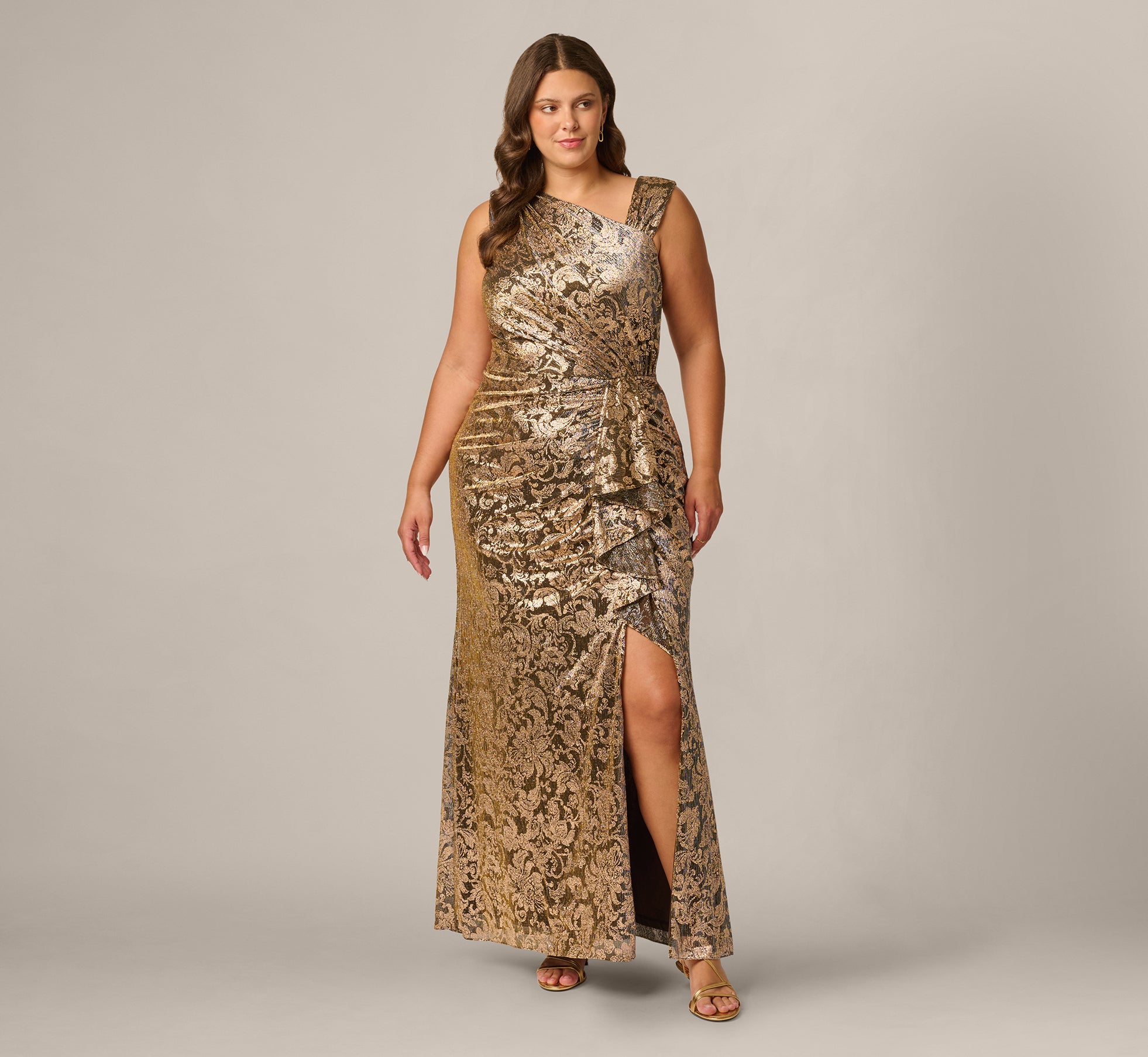 Brown Plus Size Sleeveless Asymmetrical Damask Metallic Gown