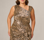 Plus Size Sleeveless Asymmetrical Damask Metallic Gown In Chocolate 3