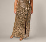 Plus Size Sleeveless Asymmetrical Damask Metallic Gown In Chocolate 4