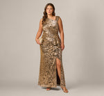 Plus Size Sleeveless Asymmetrical Damask Metallic Gown In Chocolate 1