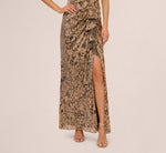 Sleeveless Asymmetrical Damask Metallic Gown In Chocolate 3