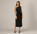 Pearly Beaded Bow Shoulder Midi Dress In Black 2