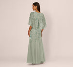 Floral Beaded Godet Cape Gown In Aqua Dust 6