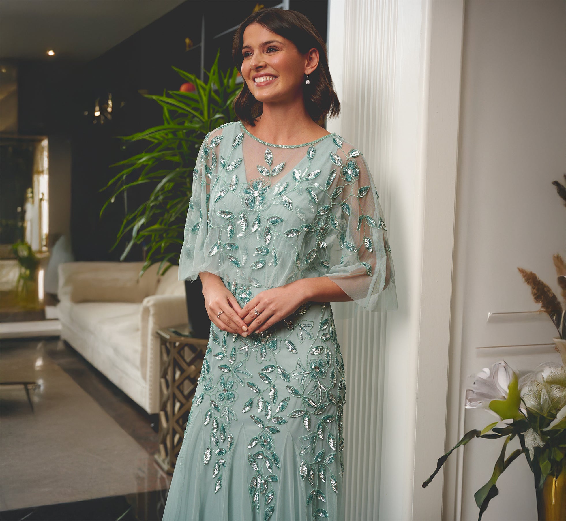 Floral Beaded Godet Cape Gown In Aqua Dust 1
