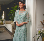 Floral Beaded Godet Cape Gown In Aqua Dust 1