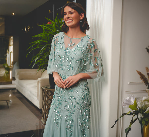 adrianna papell off shoulder cape dress Floral Beaded Godet Cape Gown In Aqua Dust