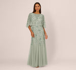 Floral Beaded Godet Cape Gown In Aqua Dust 3