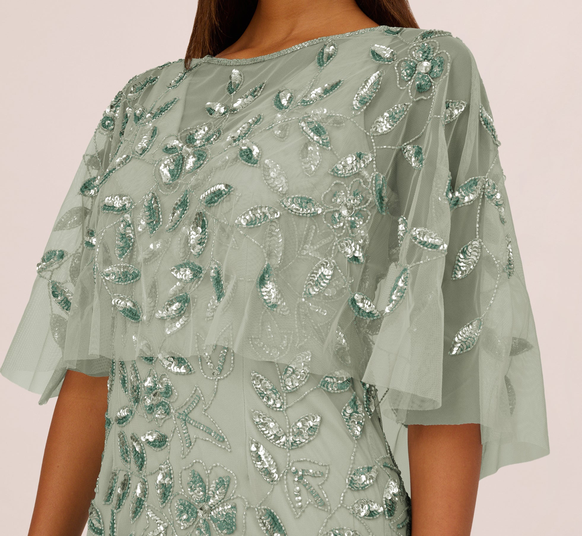 Blue Floral Beaded Godet Cape Gown