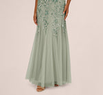 Floral Beaded Godet Cape Gown In Aqua Dust 5