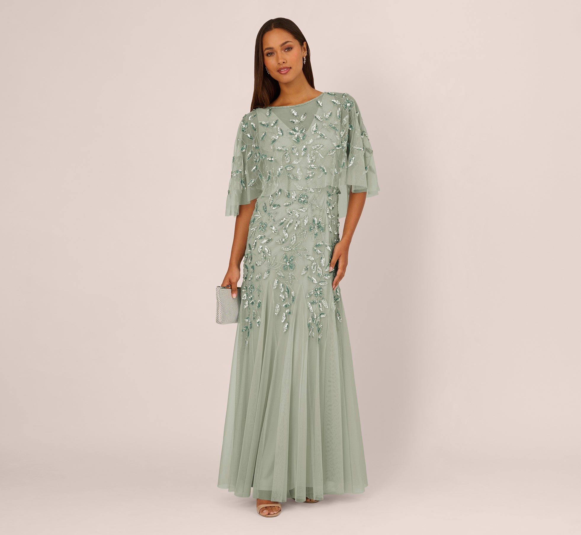 Blue Floral Beaded Godet Cape Gown