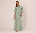 Floral Beaded Godet Cape Gown In Aqua Dust 2