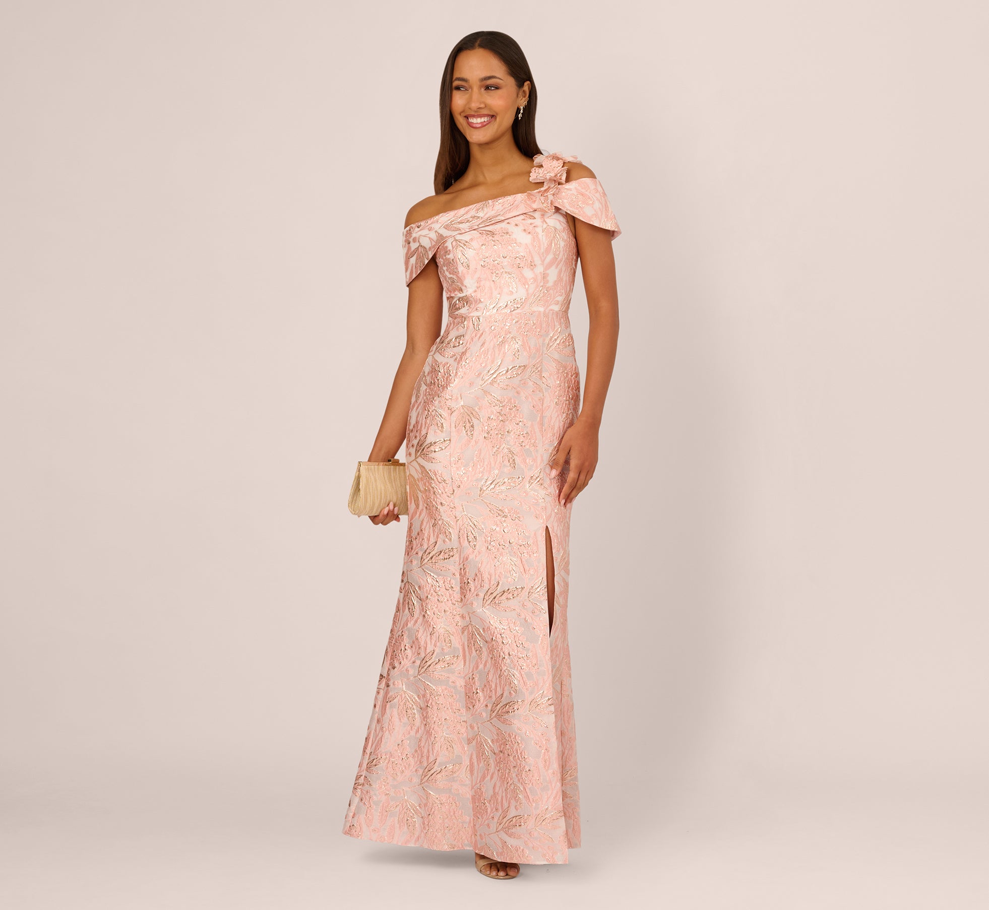 Blush Off Shoulder 3D Floral Jacquard Gown - Adrianna Papell