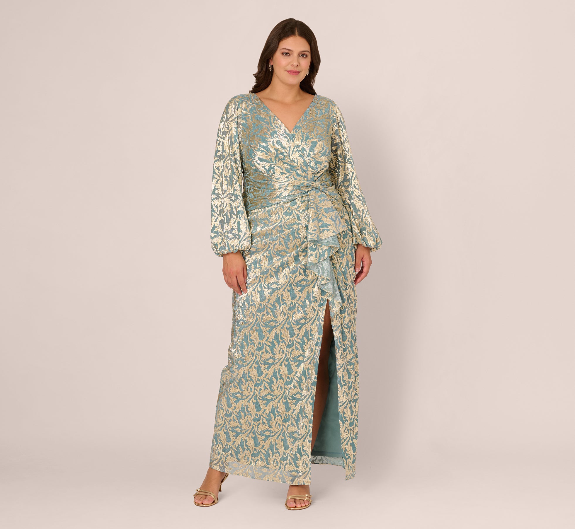 Adrianna Papell Plus Size Metallic Crinkle V-Neck Ball Gown - Mint Gold - Size 22W