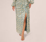 Plus Size Long Sleeve Metallic Crinkle Drape Gown In Mint Gold 3