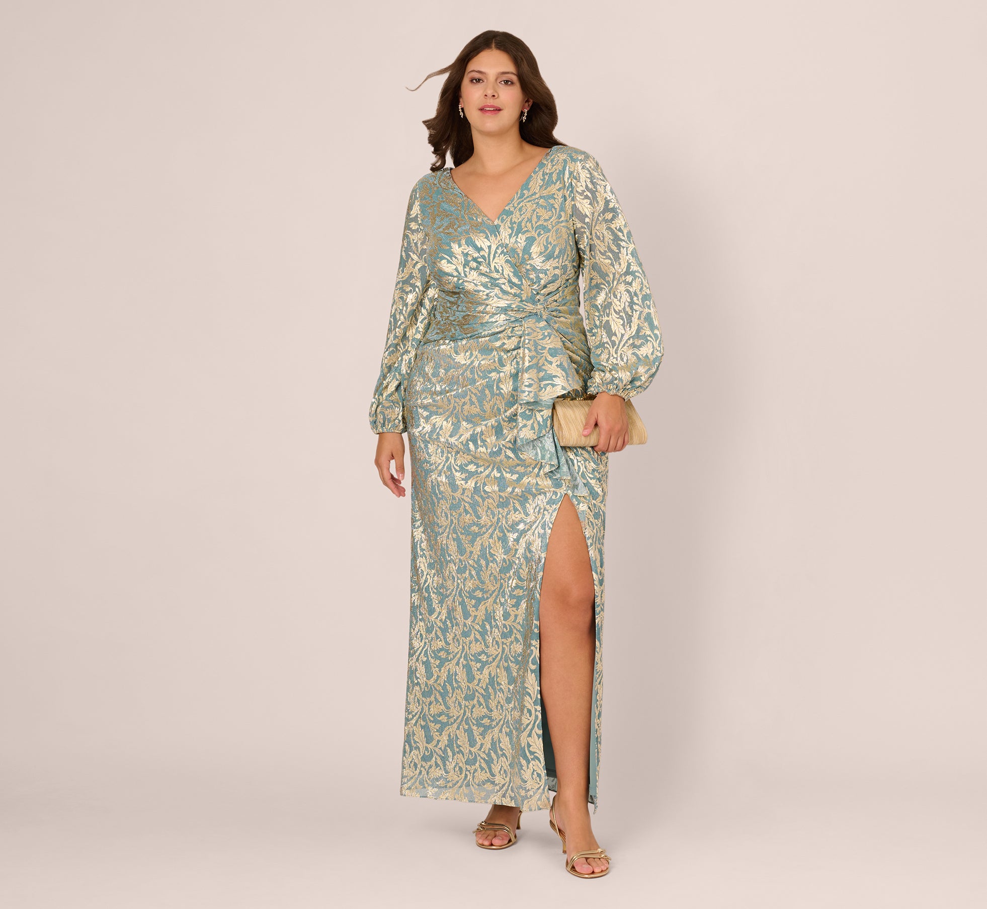 Plus Size Long Sleeve Metallic Crinkle Drape Gown In Mint Gold 1