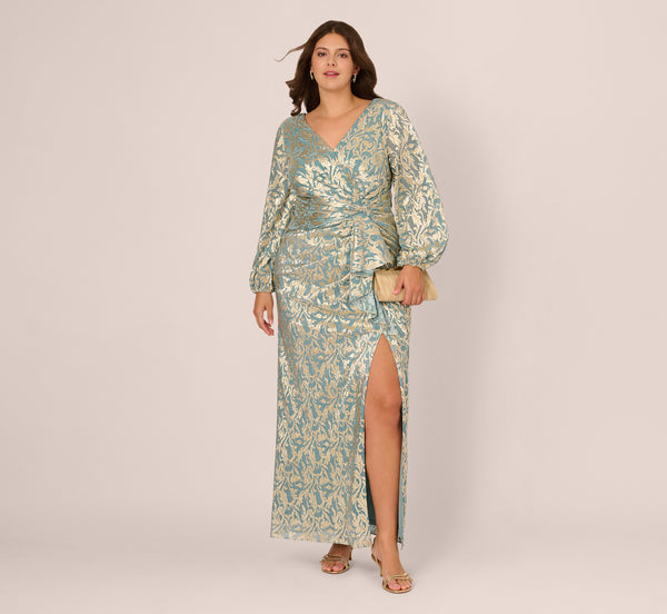 Adrianna Papell Plus Size Metallic Crinkle V-Neck Ball Gown - Mint Gold