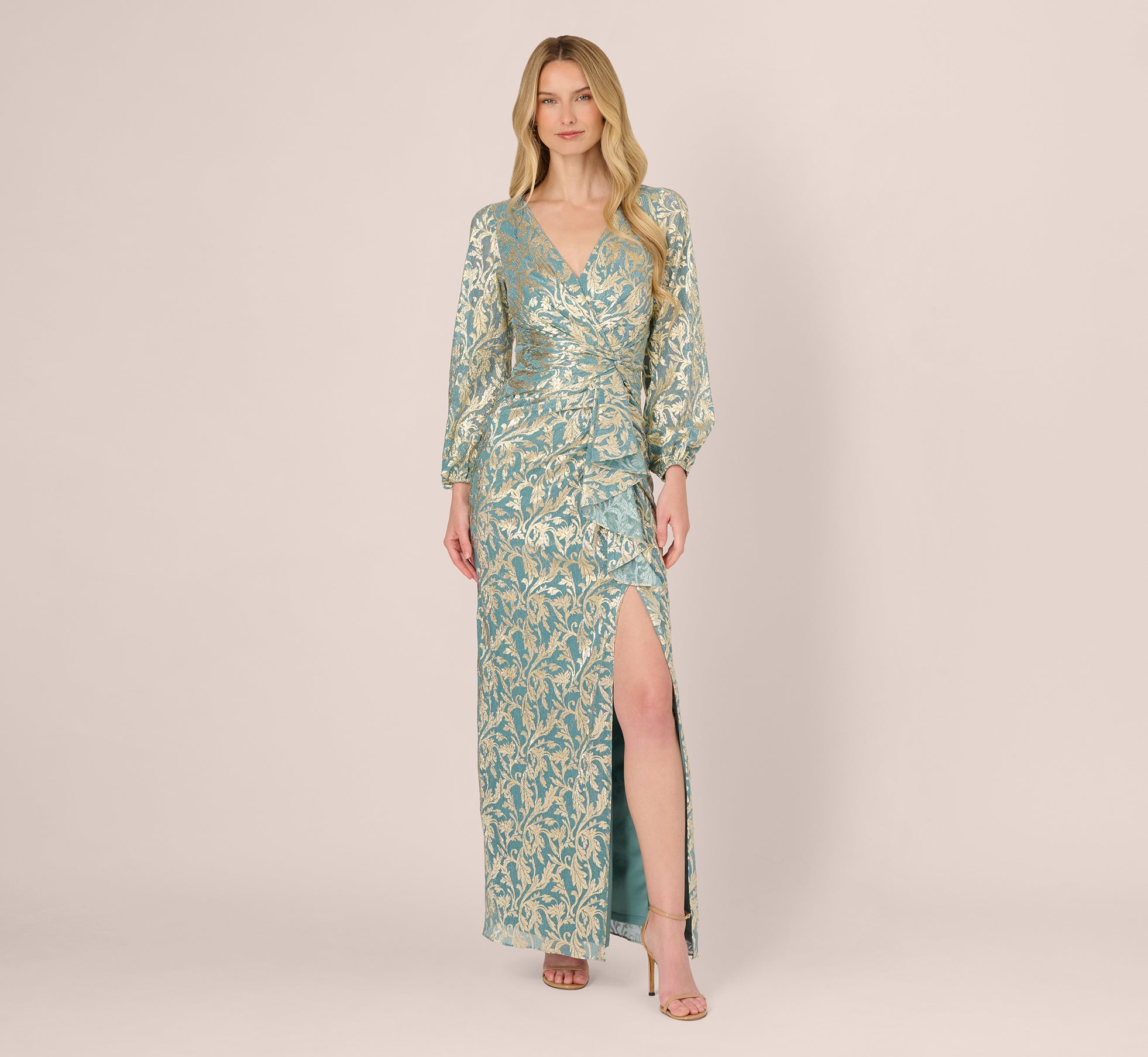 Adrianna Papell Women's Metallic Crinkle Gown - Mint/Gold - 0