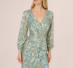 Long Sleeve Metallic Crinkle Drape Gown In Mint Gold 3
