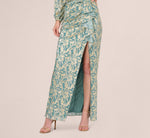 Long Sleeve Metallic Crinkle Drape Gown In Mint Gold 4