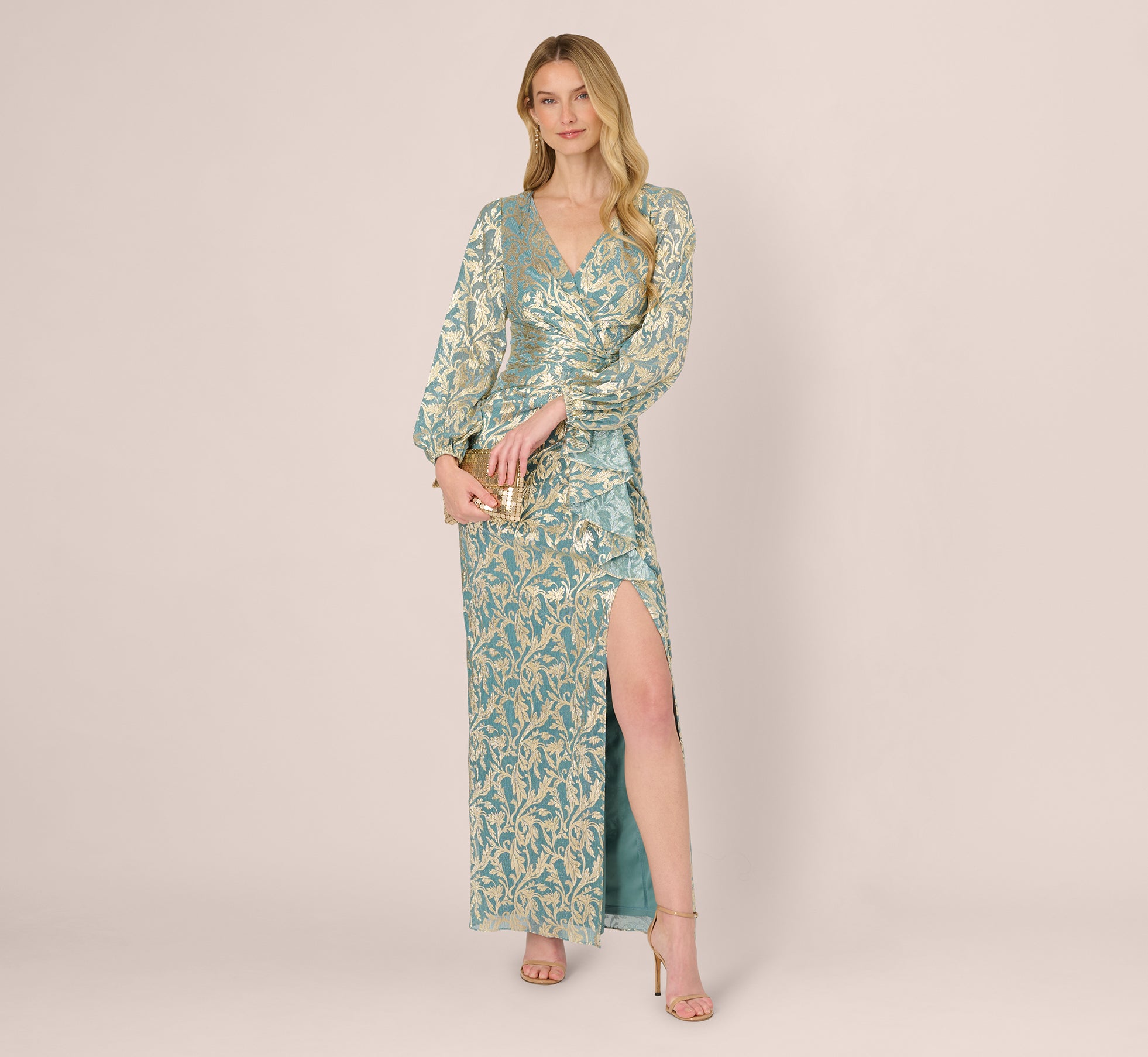 Long Sleeve Metallic Crinkle Drape Gown In Mint Gold 1