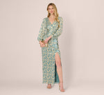 Long Sleeve Metallic Crinkle Drape Gown In Mint Gold 1