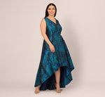 Plus Size Ruffle Floral Jacquard High Low Gown In Cobalt Multi 3