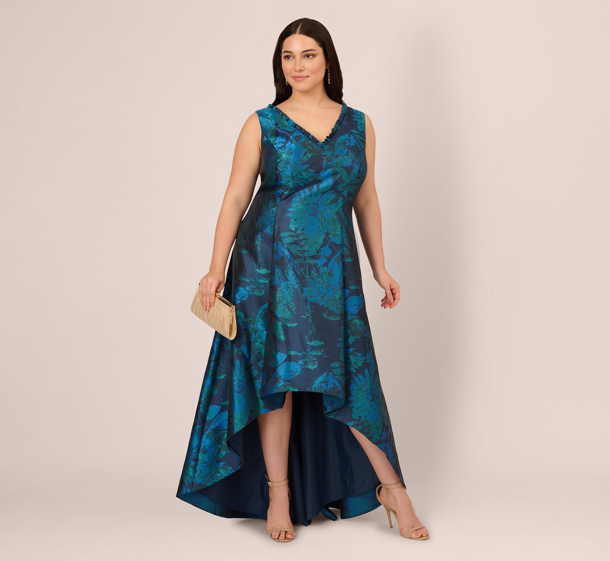 Adrianna Papell Plus Size Floral V-Neck Gown - Cobalt Multi