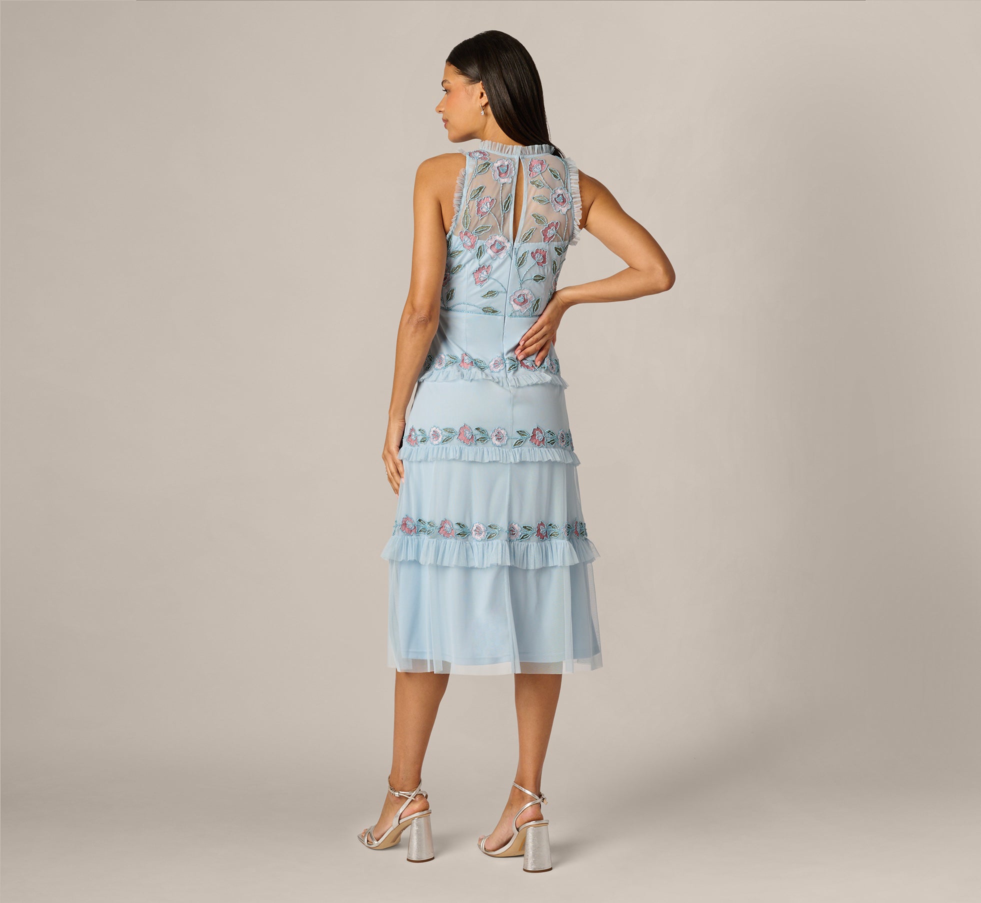 Sleeveless Floral Beaded Embroidery Ruffle Midi Dress In Elegant Sky Multi