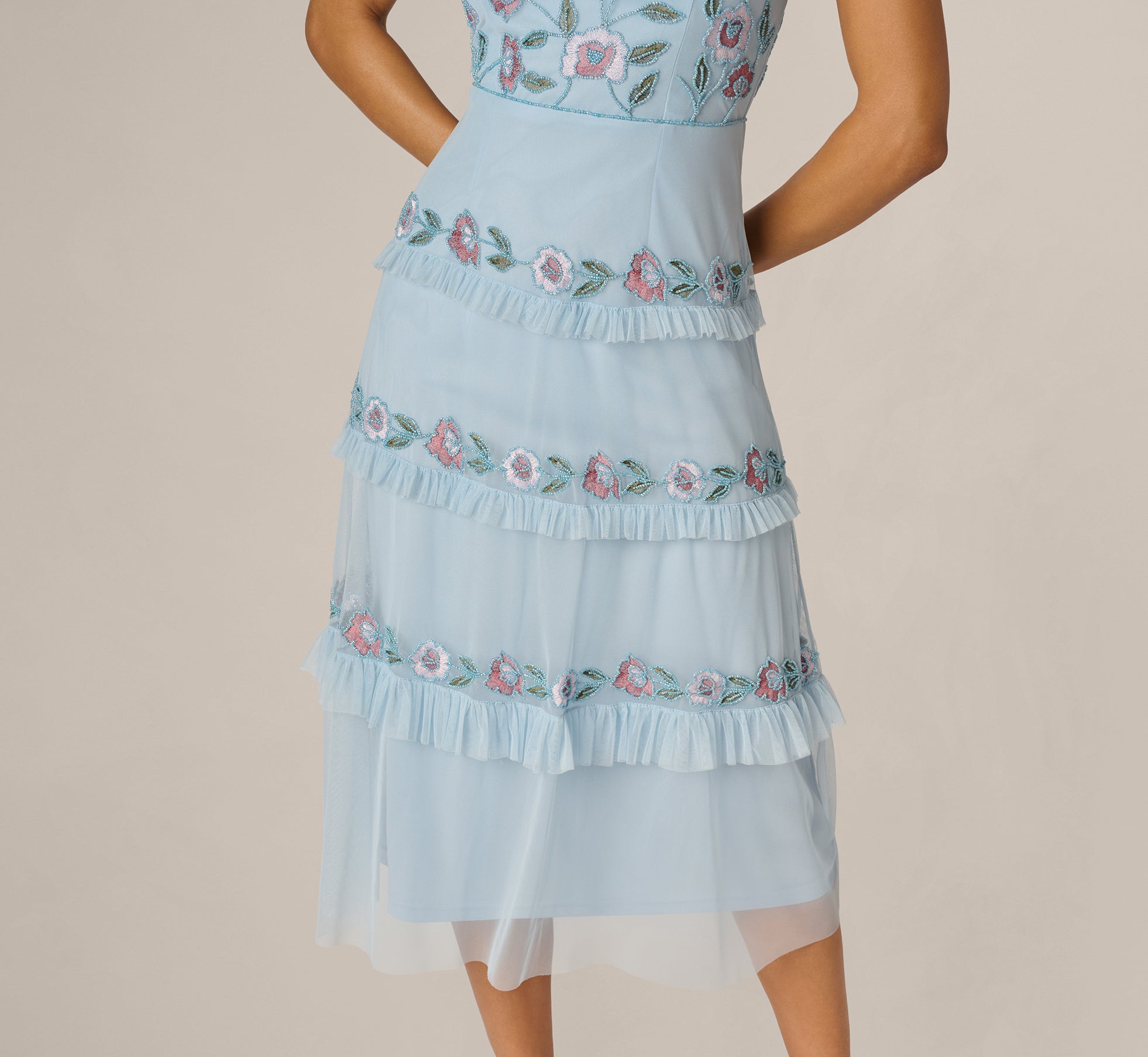 adrianna papell printed ruffled midi dress Blue Sleeveless Floral Beaded Embroidery Ruffle Midi Dress