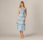 Sleeveless Floral Beaded Embroidery Ruffle Midi Dress In Elegant Sky Multi 1