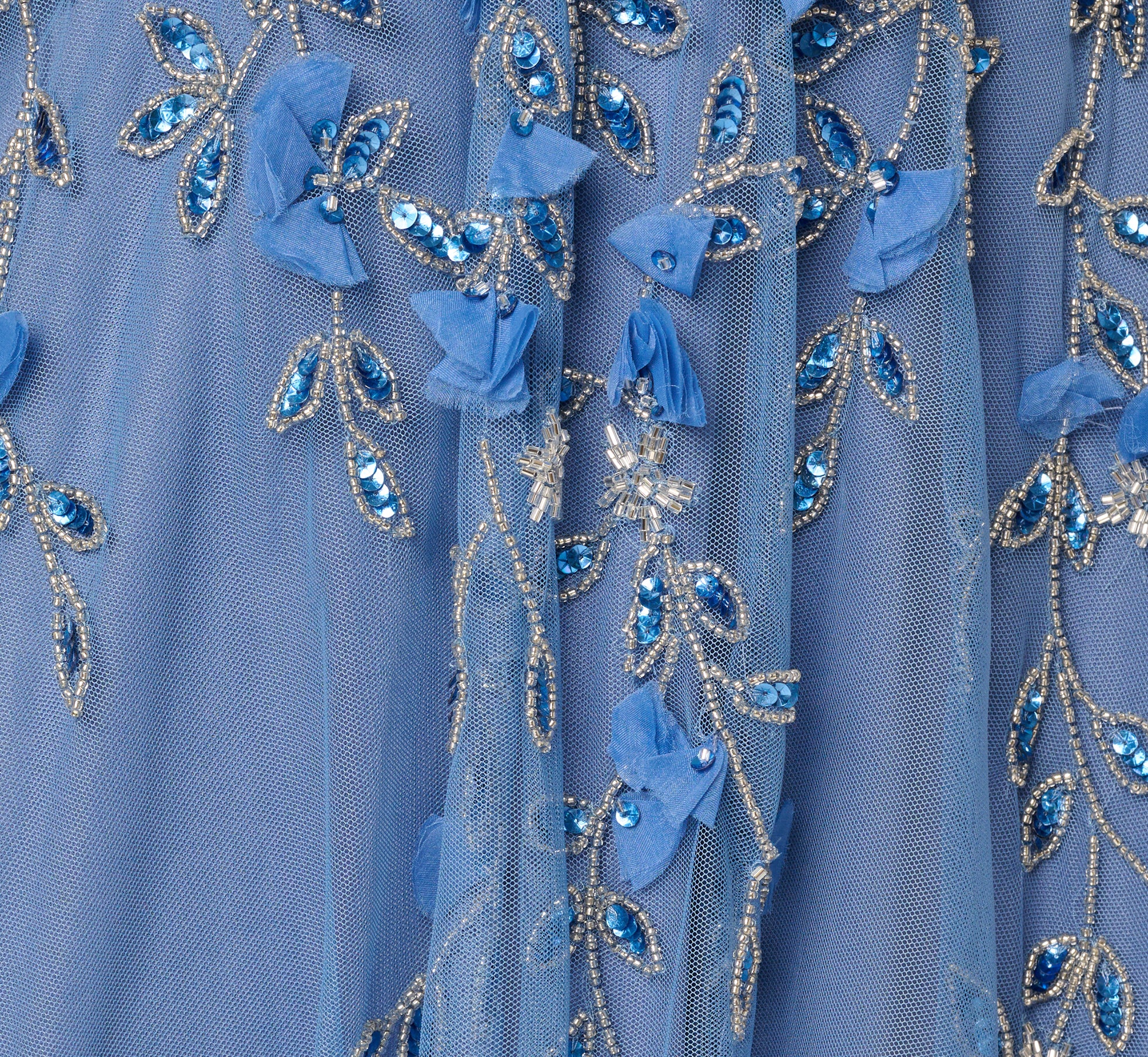 French Blue One Shoulder 3D Floral Beaded Ankle Dress