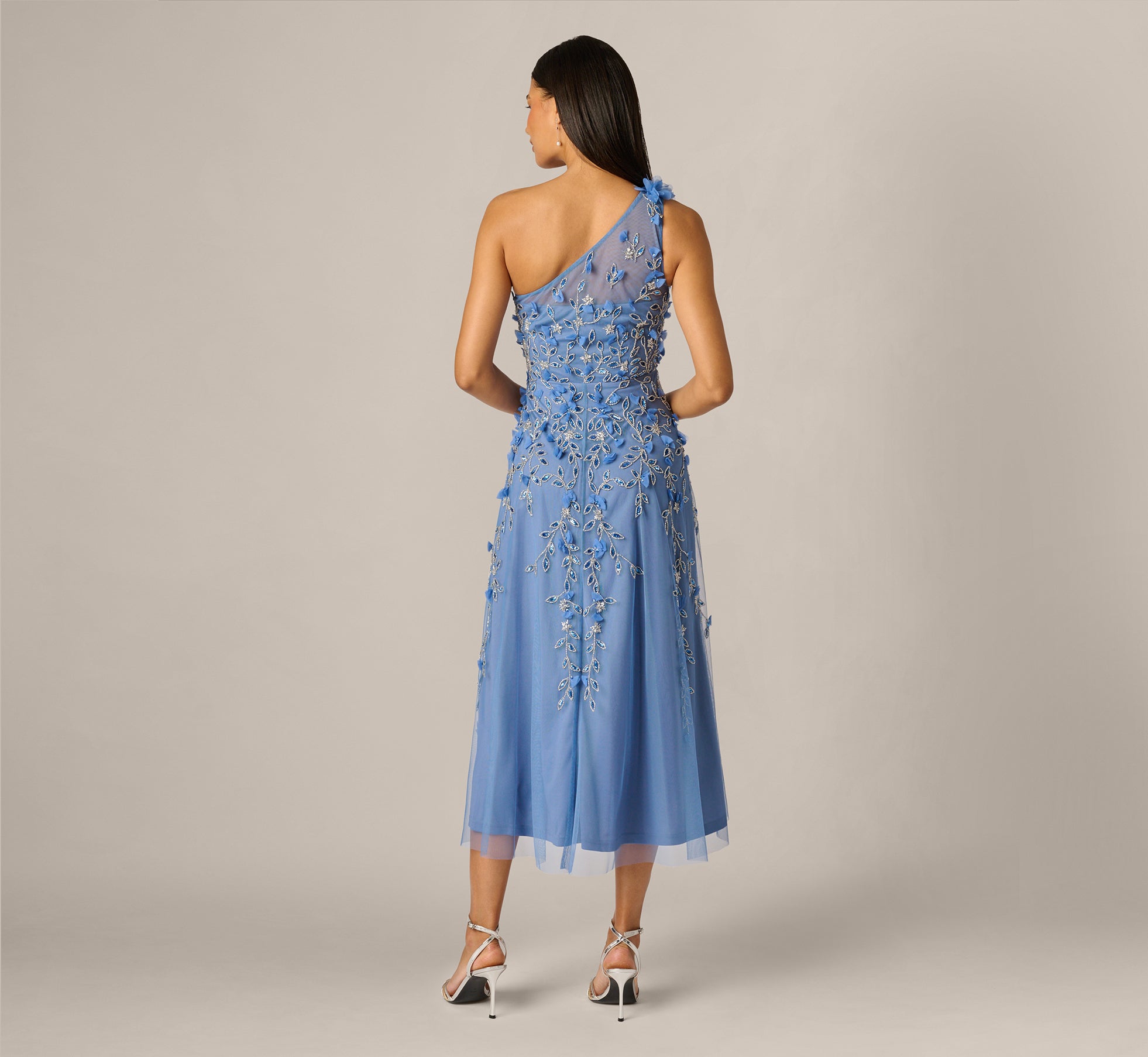 Robe De Soirée AMSALE Bleu French, Une épaule, Taille 6 - Neuve Sans étiquettes
