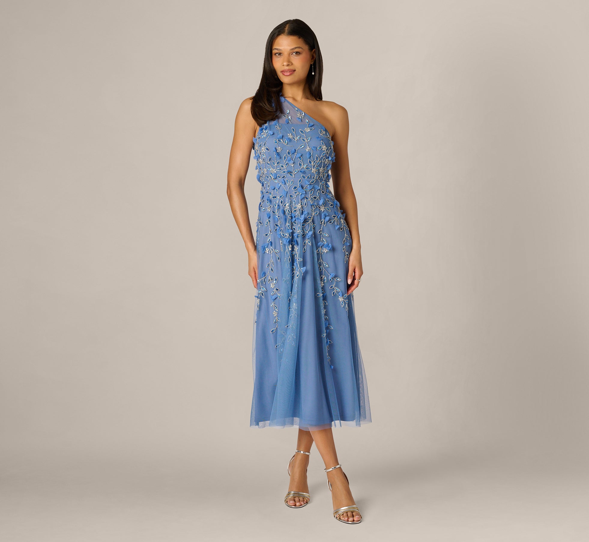 Adrianna Papell One Shoulder Sleeveless Beaded Mesh Midi Dress, Womens, 10, French Blue