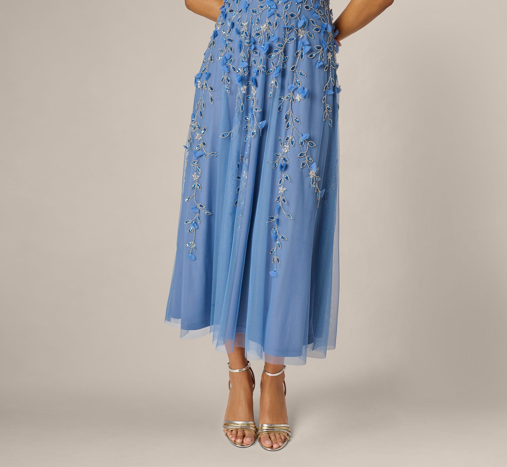 French Blue One Shoulder 3D Floral Beaded Ankle Dress - Adrianna Papell French Blue One Shoulder 3D Floral Beaded Ankle Dress - Adrianna Papell