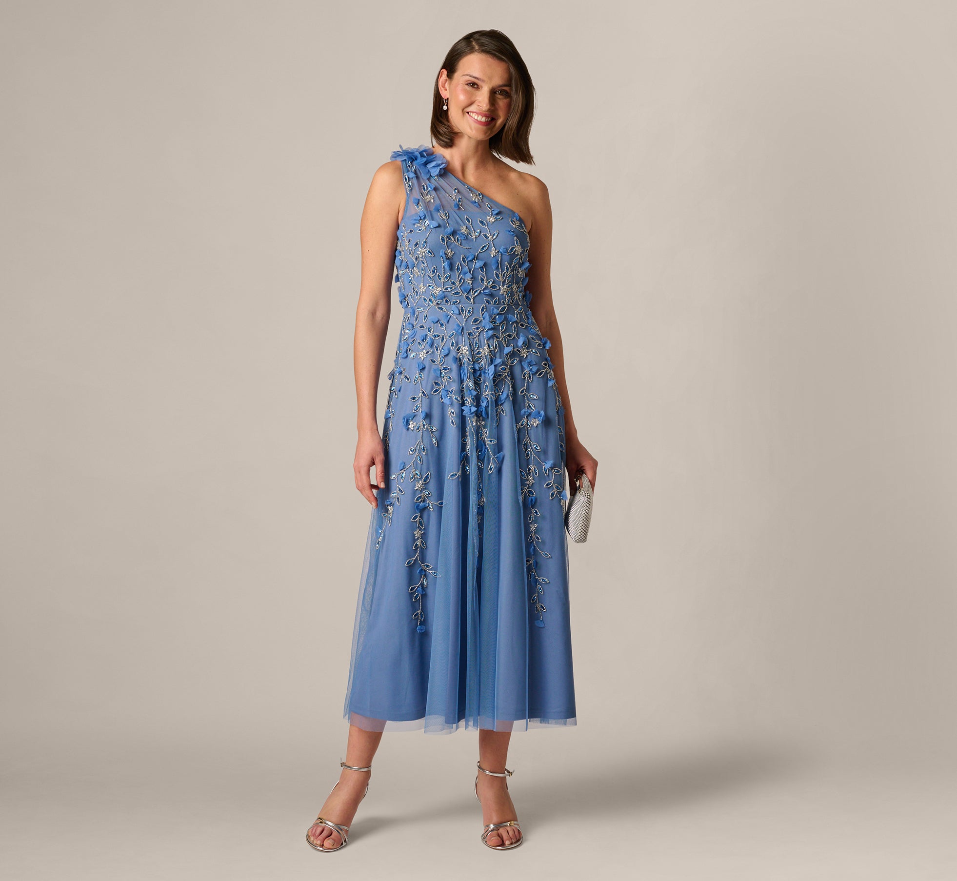 One Shoulder 3D Floral Beaded Ankle Dress In French Blue 1