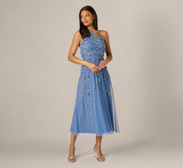Adrianna Papell One Shoulder Sleeveless Beaded Mesh Midi Dress, Womens, 10, French Blue