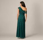One Shoulder Draped Floral Beaded Gown In Gem Green 5