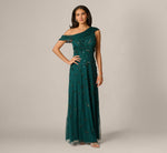 One Shoulder Draped Floral Beaded Gown In Gem Green 2