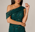 One Shoulder Draped Floral Beaded Gown In Gem Green 3
